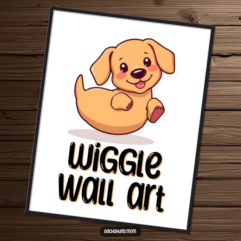 Funny kawaii dachshund digital art print, wiggling its rear end with infectious enthusiasm, perfect for instant humor and decoration, a great gift.