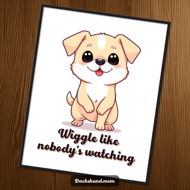 Funny digital art print of a tiny, long dog with big eyes wiggling its body enthusiastically, adding cheer to decor.