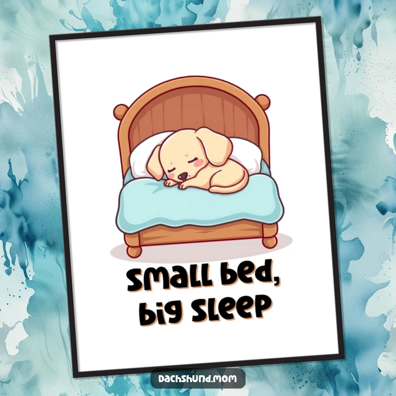 Funny Kawaii Dachshund Digital Art: A sleepy dog is adorably cramped in a tiny bed, radiating ultimate coziness and charm.