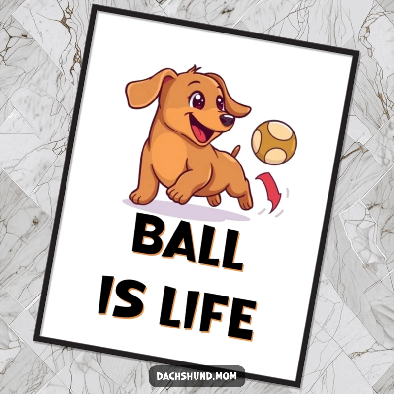 Funny digital art print of a happy, small wiener dog enthusiastically chasing a bouncing ball, adding playful cheer to decor.