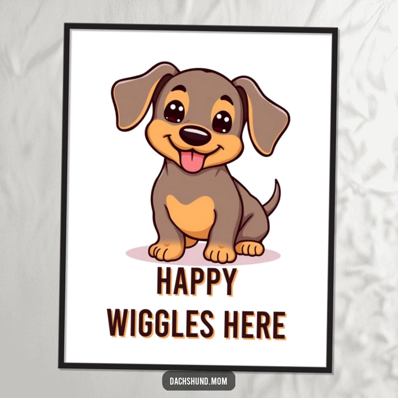 Funny Kawaii Dachshund Digital Art: Adorable wiggling dog with wagging tail, cute pet illustration, cheerful wall decor.