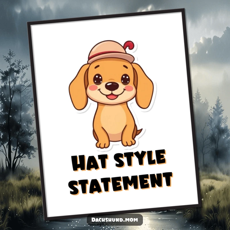 Funny kawaii dachshund digital art print, tipping a small hat with a cheerful grin, perfect for instant charm and humor, a great gift.