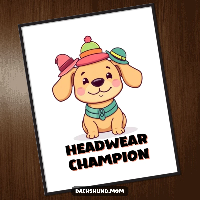 Funny Kawaii Dachshund Digital Art Print of a dog balancing a fun stack of tiny hats, ready for printing.