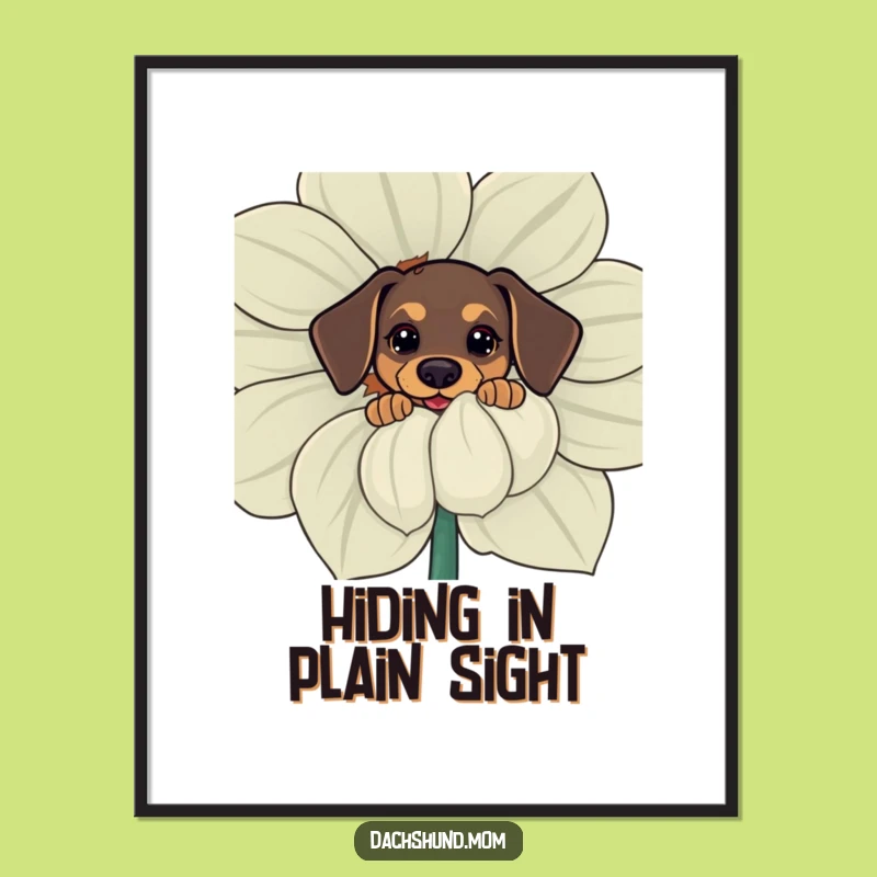 Funny Kawaii Dachshund Digital Art Print: Curious Pup Behind Flower, Hilarious Decor