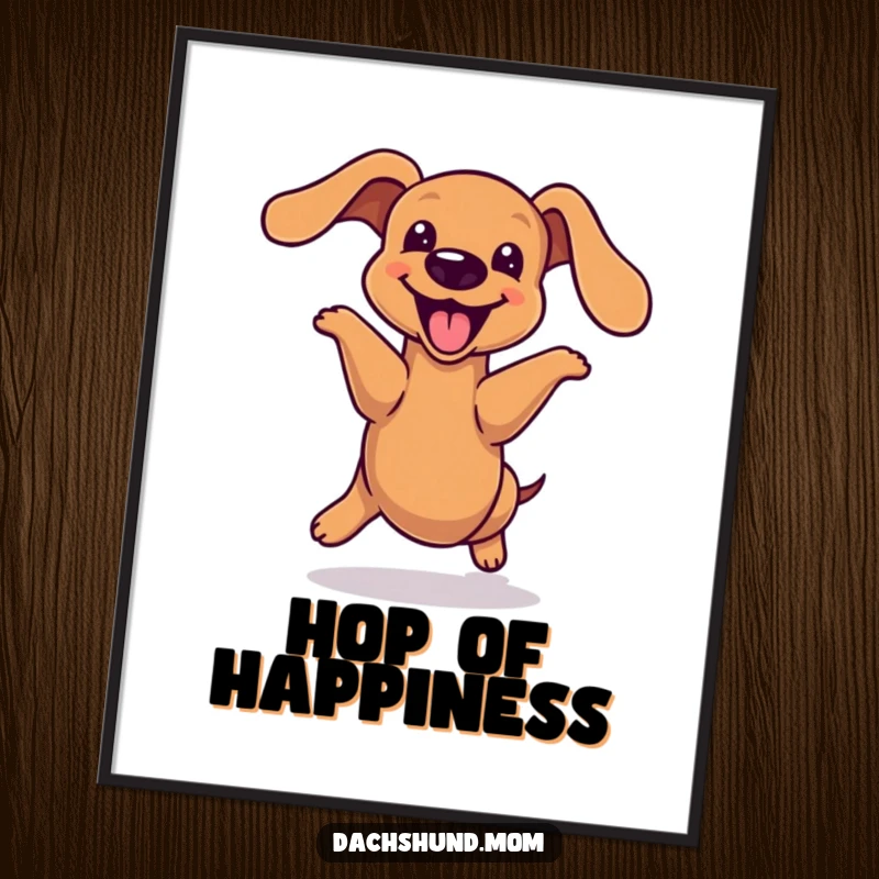 Funny kawaii dachshund digital art print, doing a joyful hop with its long body, conveying pure excitement, perfect for instant energy and fun, a great gift.