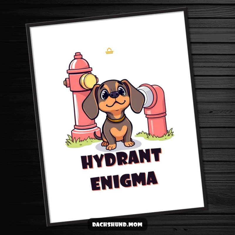 Funny Kawaii Dachshund Digital Art: A cute dog looks up with bewilderment at a giant fire hydrant, radiating curiosity and charm.
