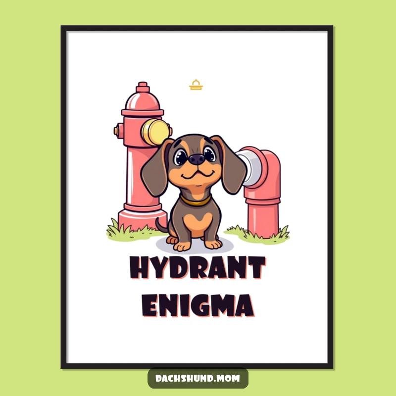 Funny Kawaii Dachshund Digital Art: Hydrant Mystery Scene, Instant Download Funny Gift!