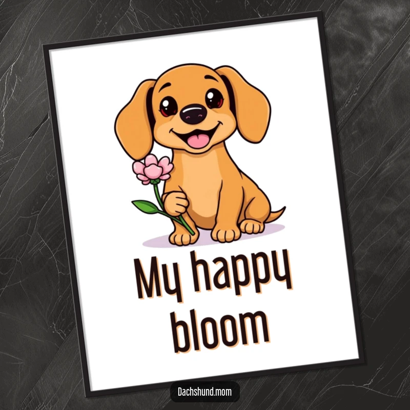 Funny Kawaii Dachshund Digital Art Print of a smiling dog offering a flower, perfect for instant download and wall decoration. Cute art gift.