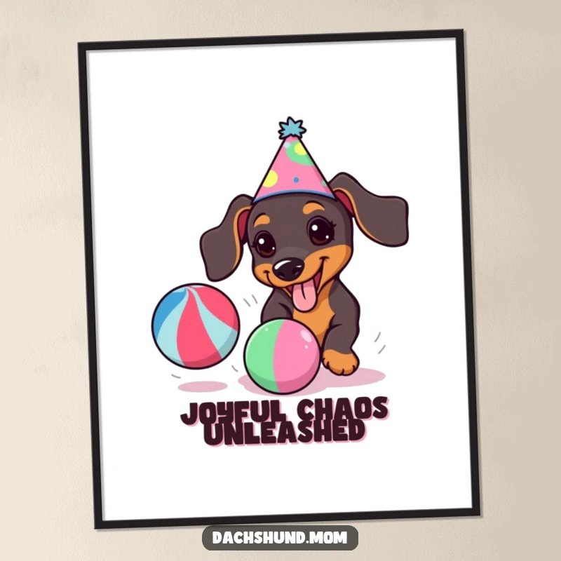 Funny kawaii dachshund in a party hat, joyfully chasing a colorful ball, ready as a digital art print.