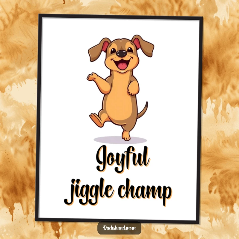 Funny cute dachshund character performing a joyful, clumsy dance move, a digital art print showcasing canine humor.