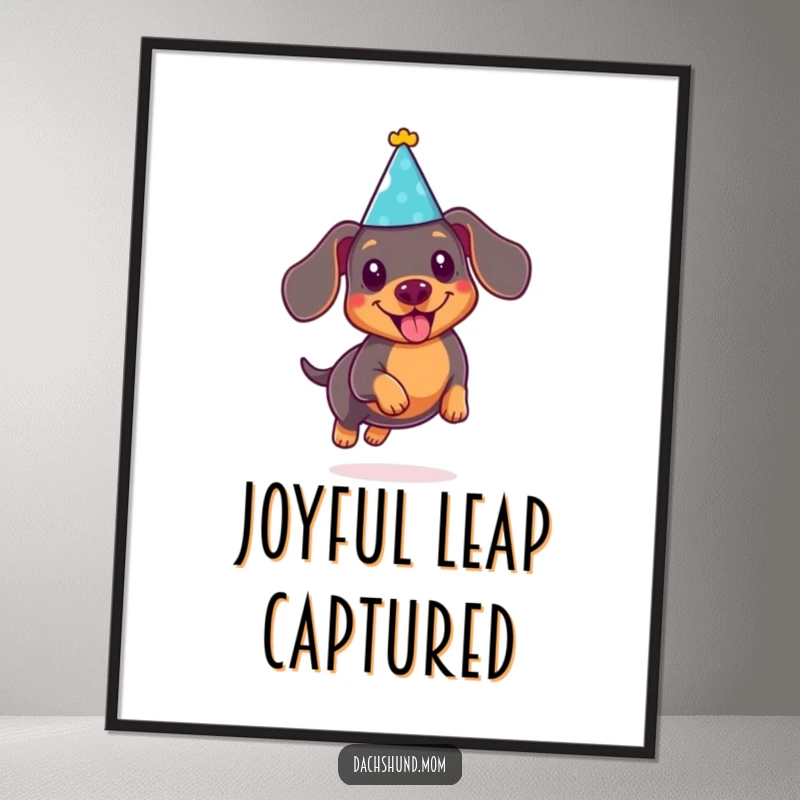 Funny Kawaii Dachshund Digital Art Print: Cute doxie wearing a tiny party hat, joyfully leaping, a fun and humorous wall art.