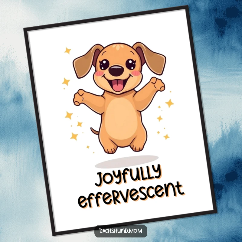 Funny Kawaii Dachshund Digital Art Print of a dog jumping with pure delight, surrounded by dazzling sparkles, instant decor.