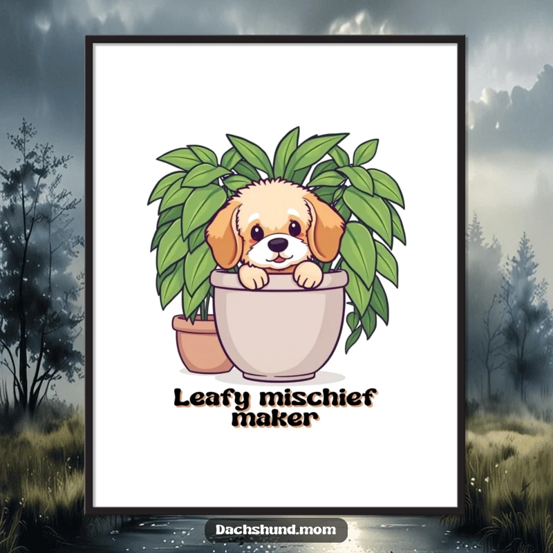 Funny Dachshund Plant Digital Art Print: A fluffy Dachshund pup peeking from a potted plant. Playful and humorous artwork.