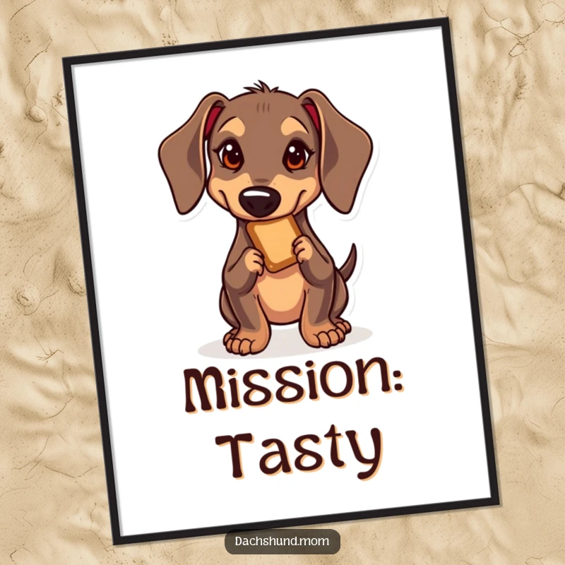 Funny Kawaii Dachshund Digital Art: A high-resolution image of a determined kawaii dachshund stealthily reaching for a treat, full of mischief.
