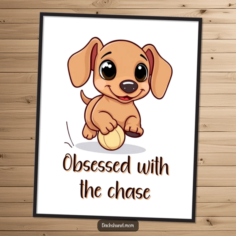 Funny kawaii dachshund digital art print, with oversized eyes, comically chasing a small ball, perfect for instant humor and decoration, a great gift.