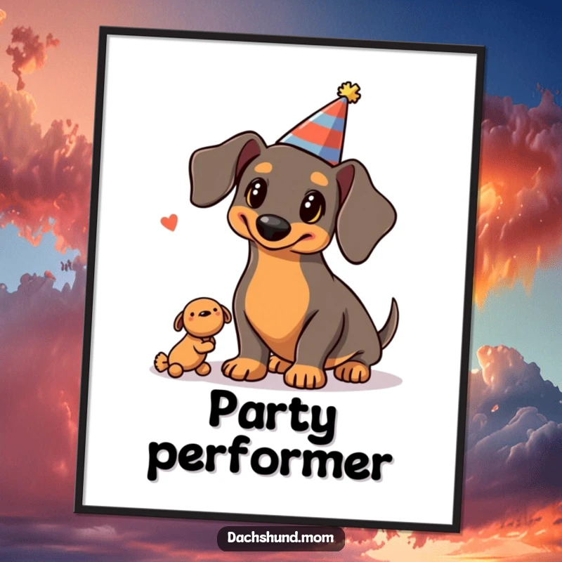 Funny Kawaii Dachshund Digital Art Print: an illustration of a dachshund in a party hat juggling three squeaky toys, full of festive charm.