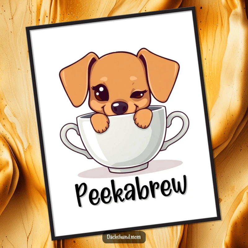Funny digital art print of a kawaii dachshund with a mischievous wink, hiding behind a large teacup, exuding playful charm.