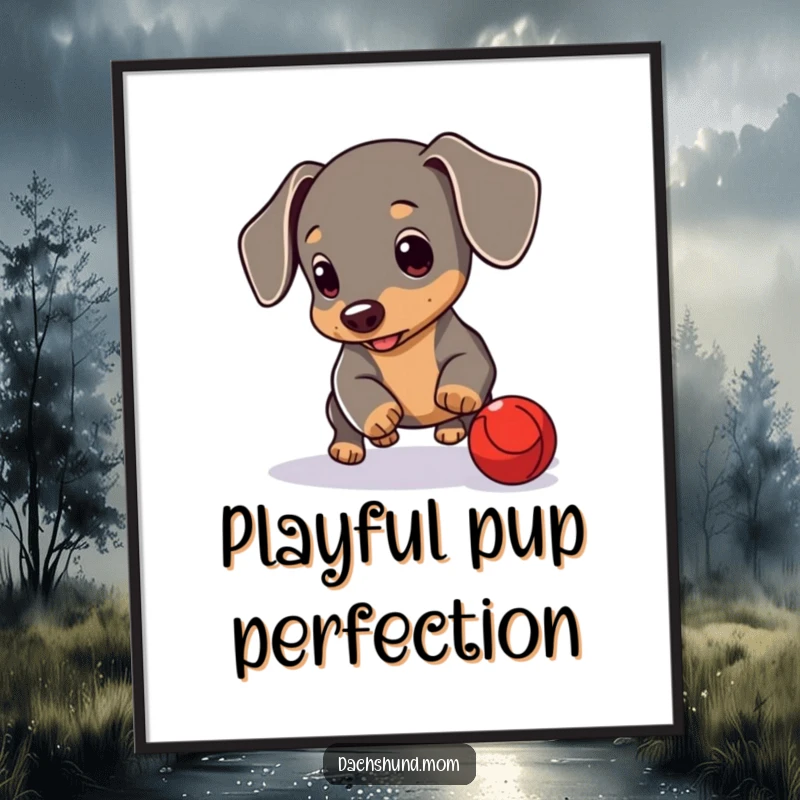 Funny Dachshund Cub Digital Art Print: A cute Dachshund puppy rolling a red ball. Playful and humorous artwork.