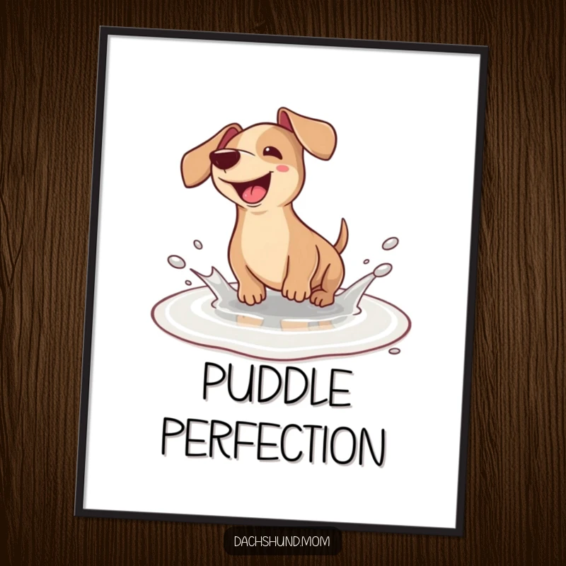 Funny Dachshund Digital Art: A delightful kawaii dachshund joyfully splashing in a small puddle, capturing pure bliss and playfulness.