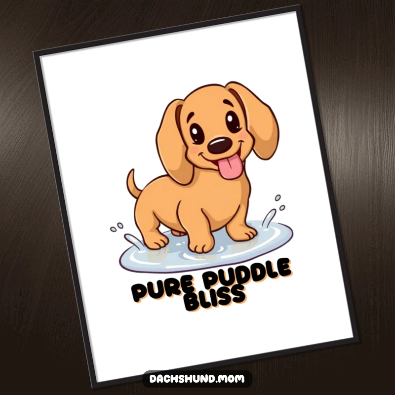Funny digital art print of a kawaii dachshund with its tongue sticking out, happily splashing in a tiny puddle, capturing pure delight.