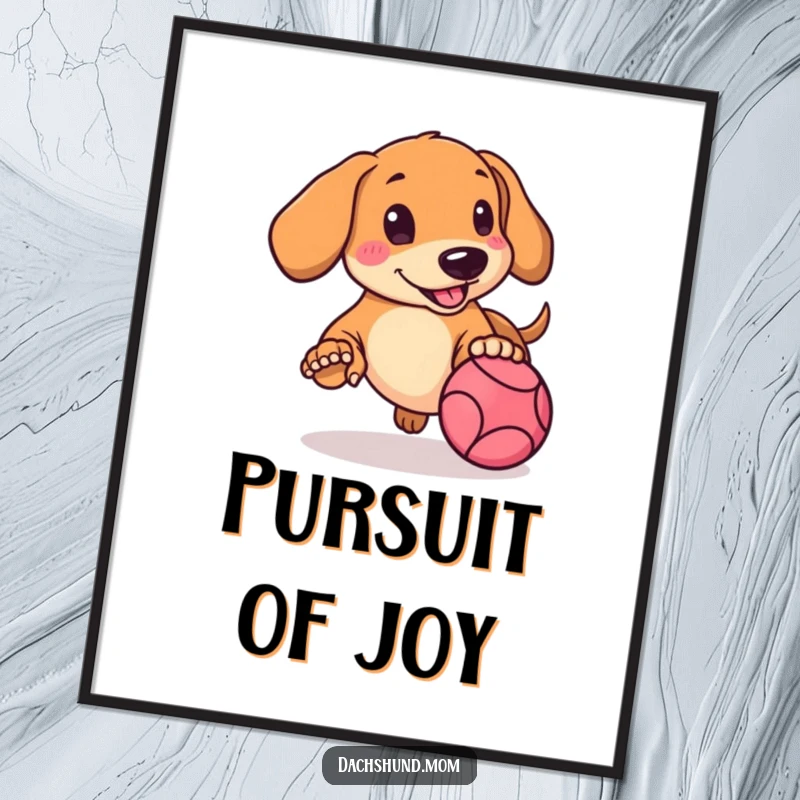 Funny Kawaii Dachshund Digital Art Print of a rosy-cheeked dog energetically chasing a bouncing ball, perfect for printing.