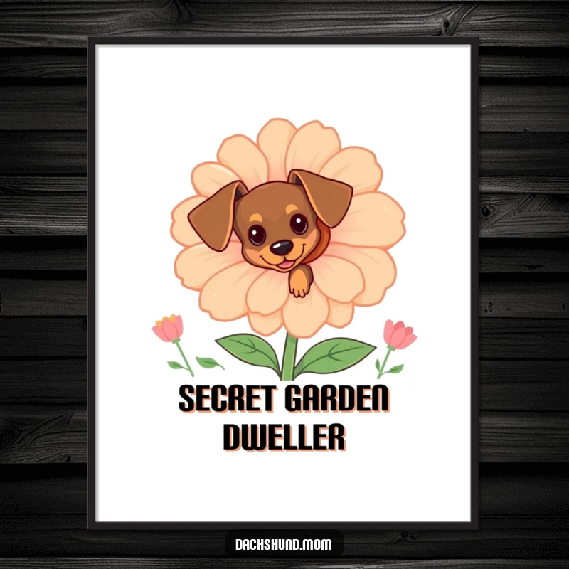 Funny tiny dachshund peeking from behind a large, cheerful flower, a digital art print showcasing cute dog humor.
