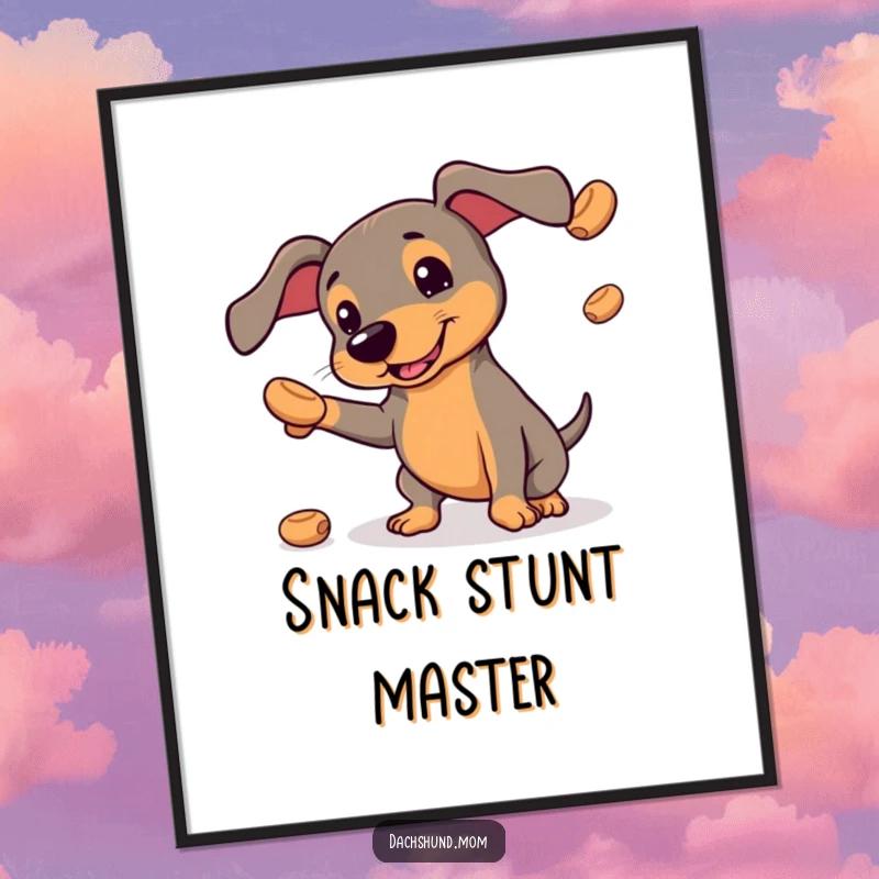 Funny digital art print of a kawaii dachshund hilariously juggling small, round treats, whimsical and humorous decor.