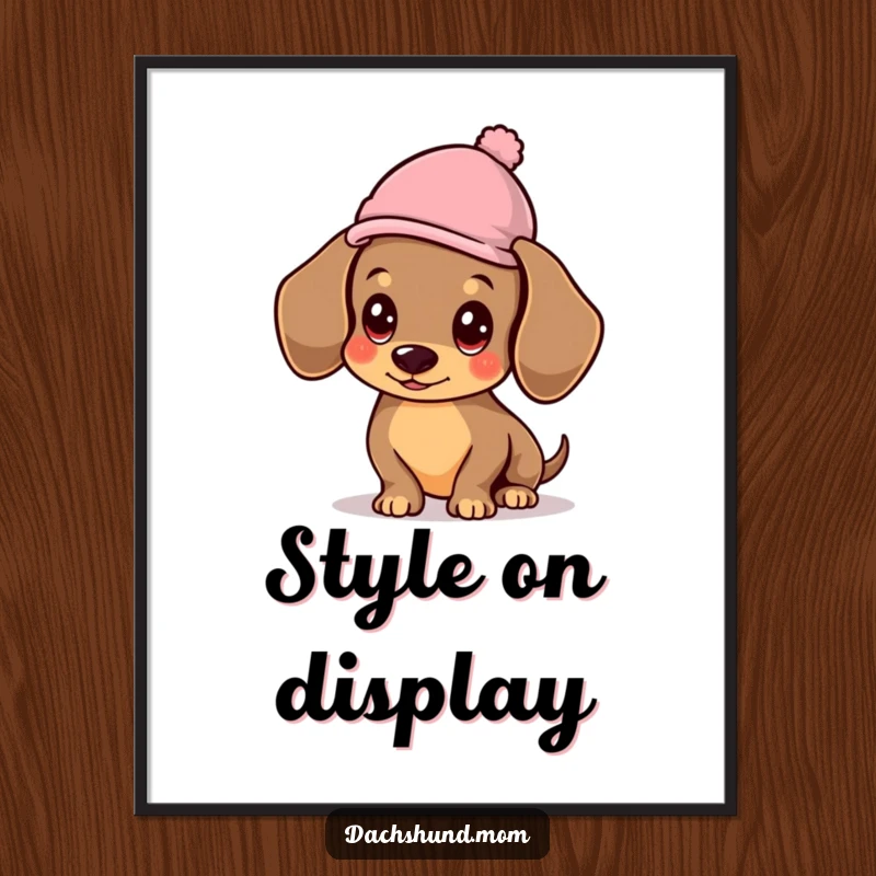Funny Kawaii Dachshund Digital Art Print, illustration of a dog with a hat, stylish and humorous.