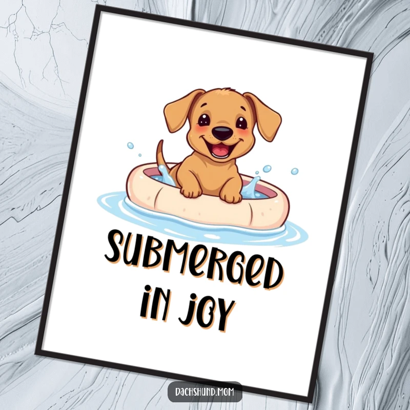 Funny Dachshund puppy digital art print, a cute dog giggling while splashing water in a kiddie pool.