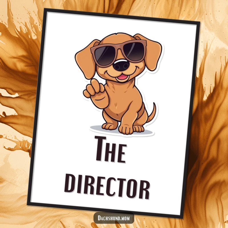 Funny Kawaii Dachshund Digital Art Print: an illustration of a dachshund in oversized sunglasses, dramatically pointing a paw, stylish and humorous.
