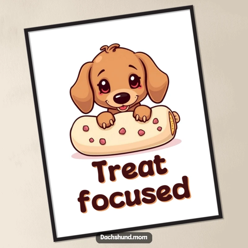 Funny Dachshund Digital Art: A kawaii dachshund peeking from behind a large treat, evoking playful desire and humor.