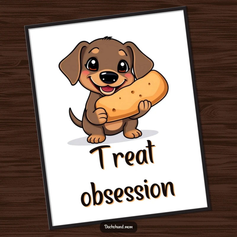 Funny Kawaii Dachshund Digital Art Print: an illustration of a goofy dachshund with a big grin holding a comically large treat, full of delight.