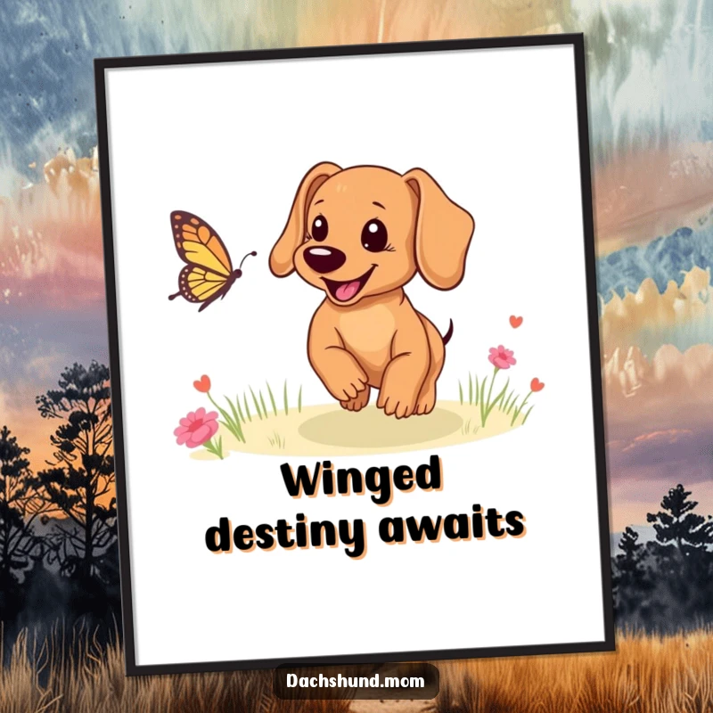 Funny Dachshund puppy digital art print, a smiling dog excitedly chasing a butterfly, full of playful energy.