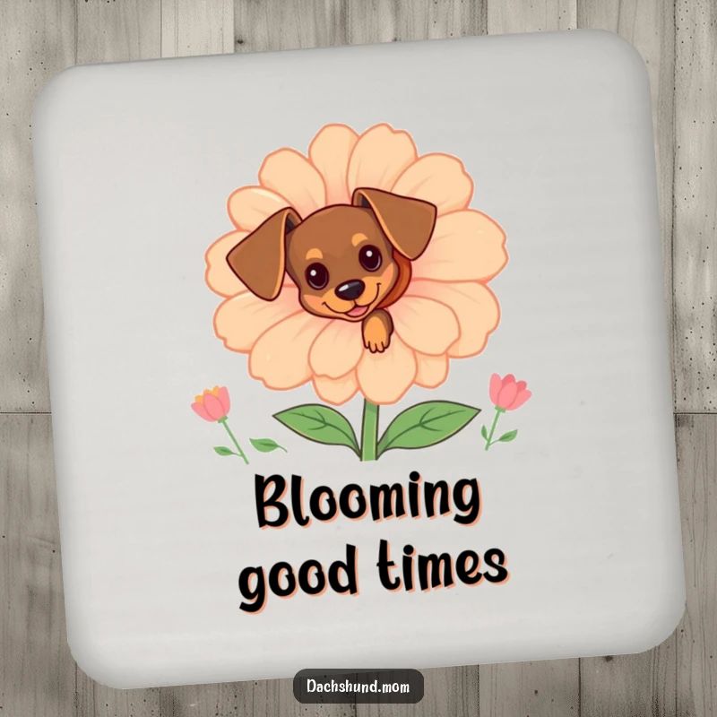 Funny tiny dachshund peeking from behind a large flower, featured on drink coasters to add humor and charm.