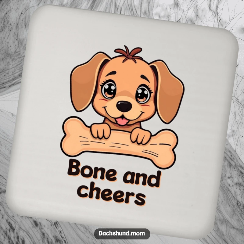 Funny Kawaii Dachshund Drink Coaster featuring a dog with sparkling eyes peeking from behind a large bone.