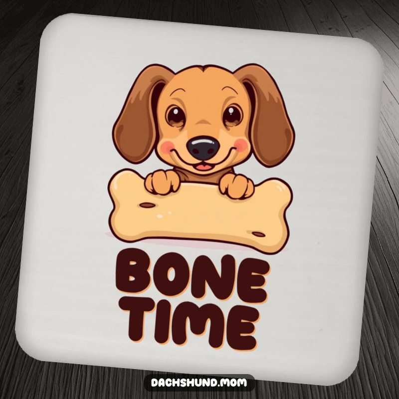 Funny Kawaii Dachshund Coaster: a cute dachshund character with flapping ears peeking over a large bone, protecting surfaces humorously.