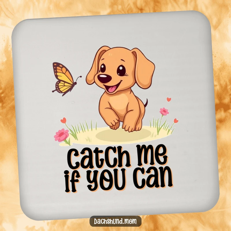 Funny Dachshund puppy drink coasters set, showing a cute dog joyfully chasing a butterfly.