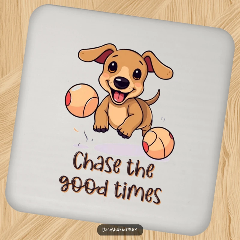 Funny Kawaii Dachshund Coaster: Adorable dog excitedly chasing bouncing ball, cute pet accessory, energetic table protection.