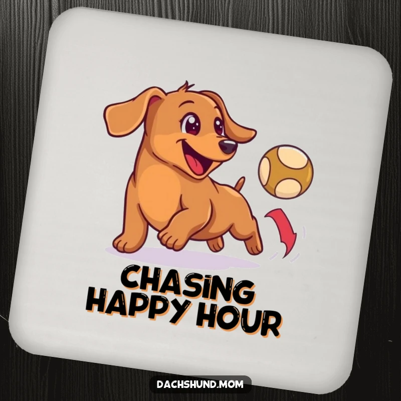 Funny drink coaster featuring a happy, small wiener dog enthusiastically chasing a bouncing ball, a fun addition.