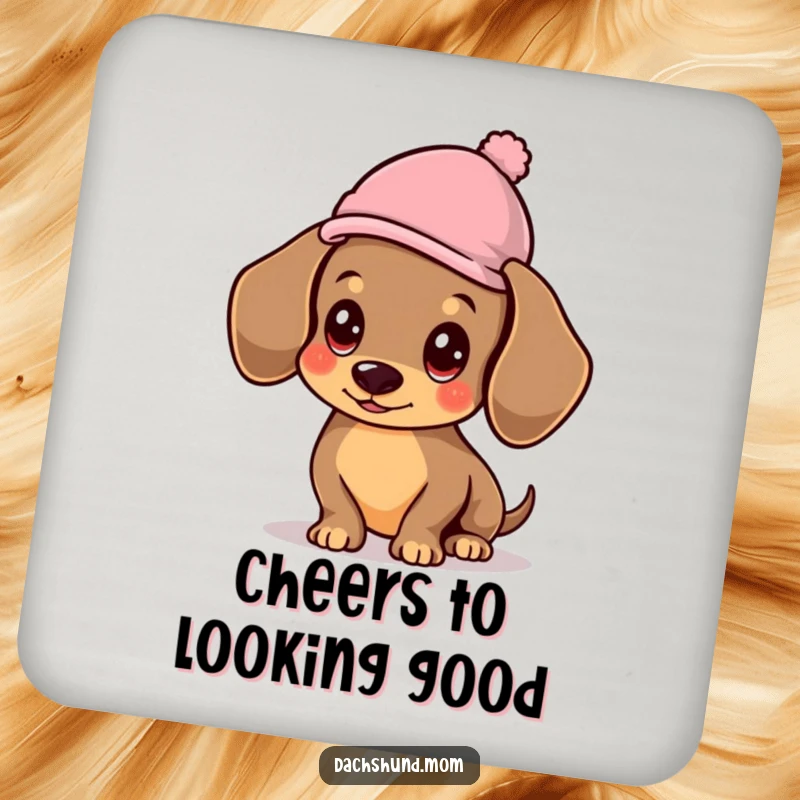 Funny Kawaii Dachshund Coasters, drink coasters featuring a dog wearing a hat, adding stylish humor to tabletops.