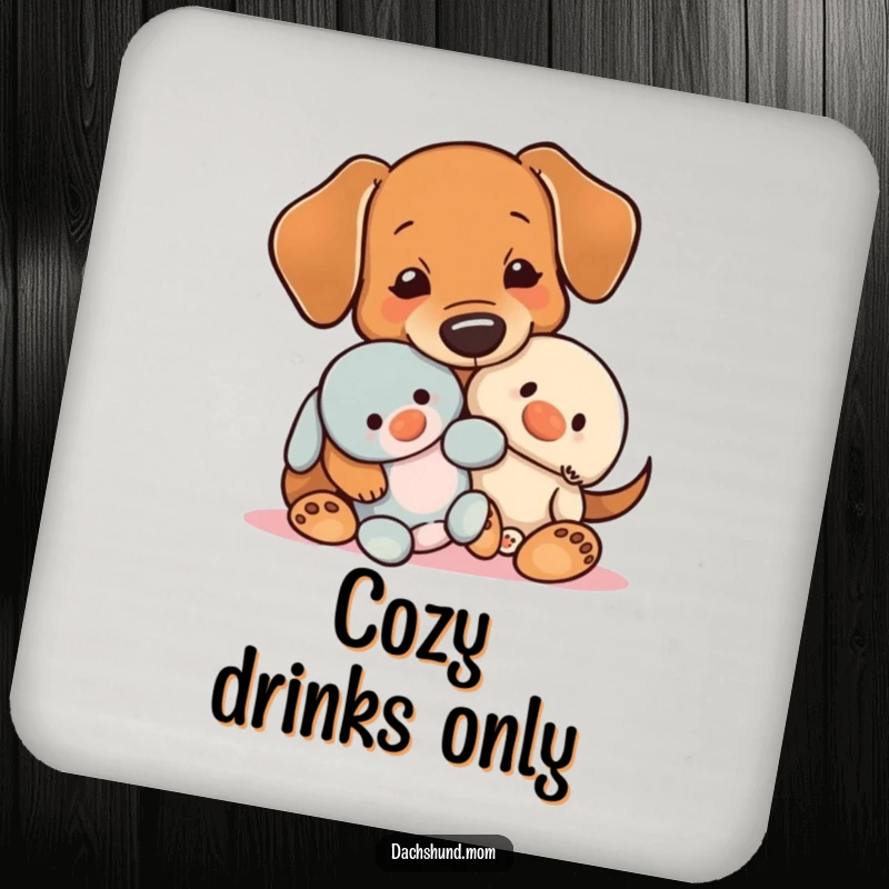 Funny Kawaii Dachshund Coasters, drink coasters with a dog hugging a toy, adding warmth and humor to tabletops.