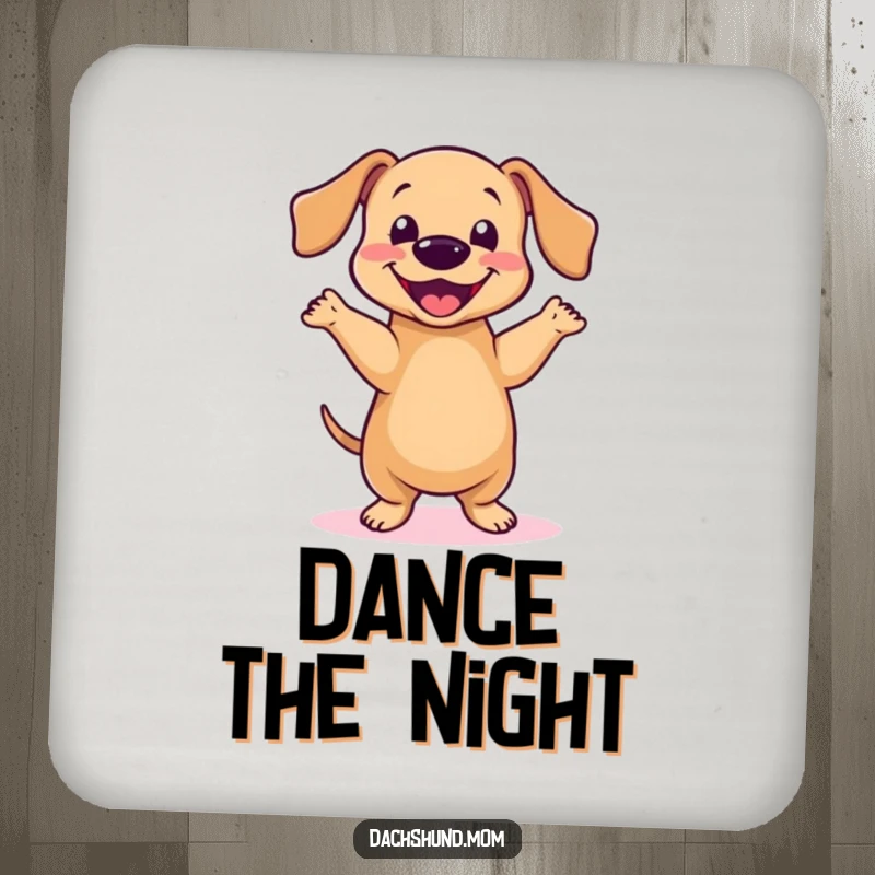 Funny Kawaii Dachshund Dance Drink Coaster: A cute dachshund does a happy little dance, protects tables, gift.