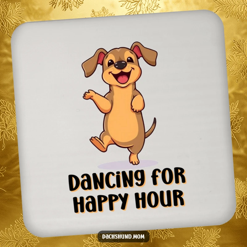 Funny cute dachshund character doing a clumsy dance move, featured on drink coasters to add humor and charm.