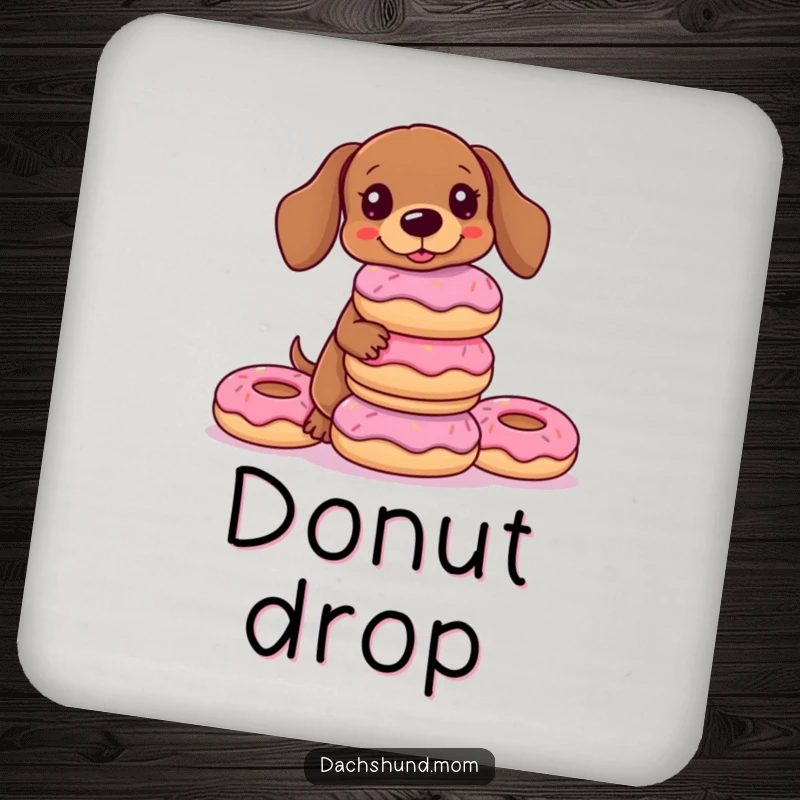 Funny Kawaii Dachshund Coaster featuring a dog trying to balance a stack of donuts, a charming and humorous gift.