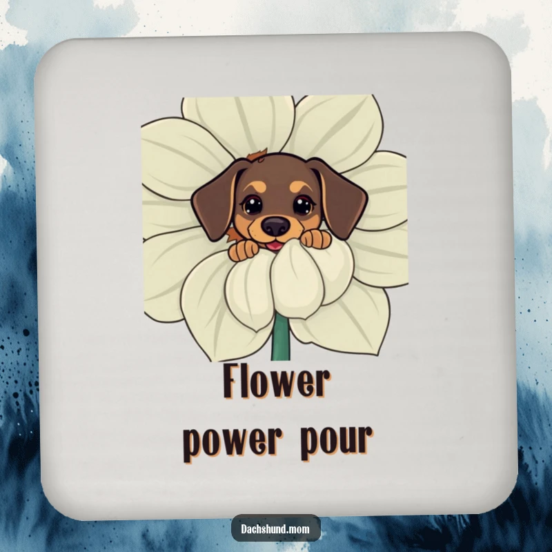 Funny drink coasters depicting a kawaii dachshund curiously peeking from behind a large flower, offering cute and humorous surface protection.