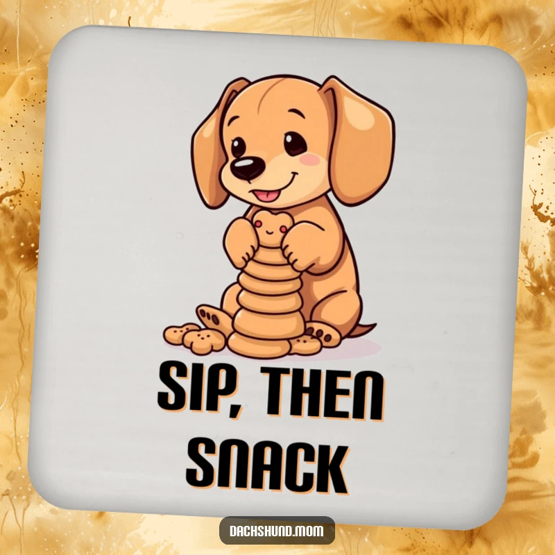 Funny Dachshund Biscuits Coaster: Dachshund cub balancing dog biscuits protecting surfaces. Humorous and practical coasters.