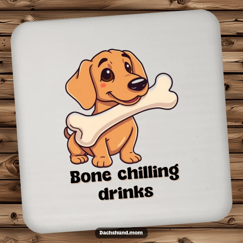 Funny drink coaster featuring a dachshunds with a comically large bone, adding a humorous touch to drink protection.