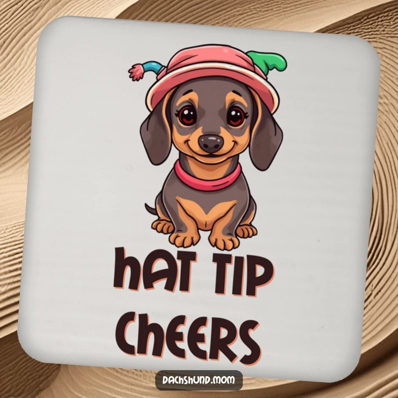 Funny Dachshund Coaster: A charming wiener dog wearing a collection of colorful hats, protecting your surfaces with flair.