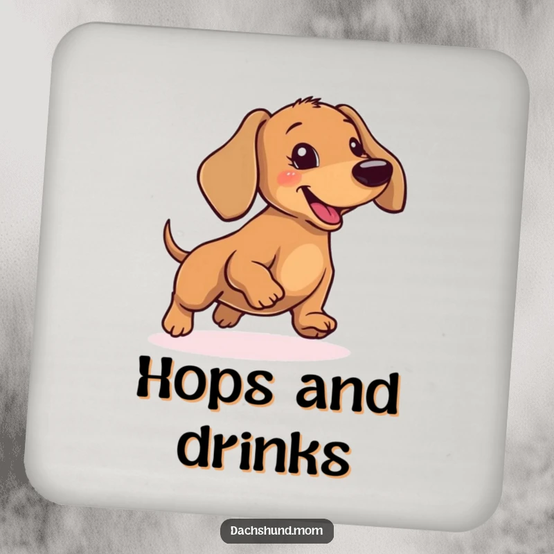 Funny Dachshund Coaster: A cute wiener dog in a silly hop, protecting your surfaces with adorable energy.
