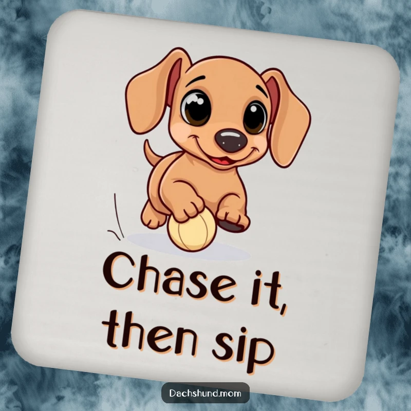 Funny kawaii dachshund drink coaster, with big eyes, hilariously chasing a tiny ball, protects surfaces with humor, a perfect small gift.